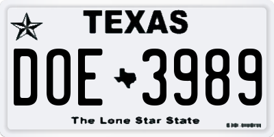 TX license plate DOE3989