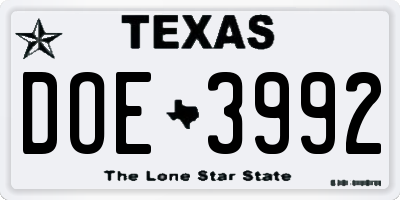 TX license plate DOE3992