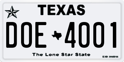 TX license plate DOE4001