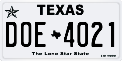 TX license plate DOE4021