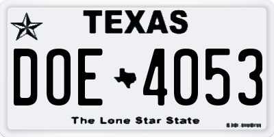 TX license plate DOE4053