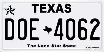 TX license plate DOE4062