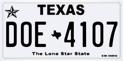 TX license plate DOE4107