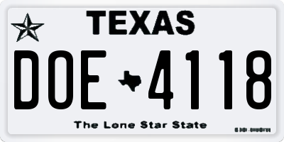 TX license plate DOE4118