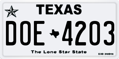 TX license plate DOE4203