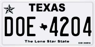 TX license plate DOE4204