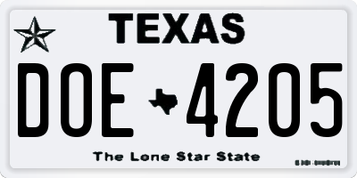 TX license plate DOE4205