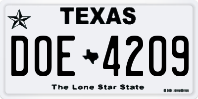 TX license plate DOE4209