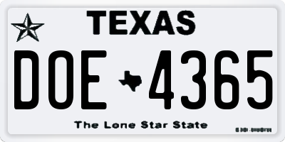 TX license plate DOE4365