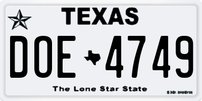 TX license plate DOE4749