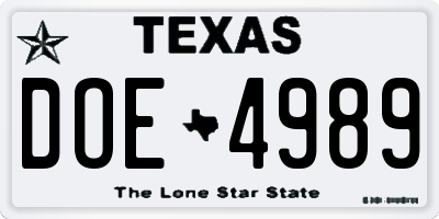 TX license plate DOE4989
