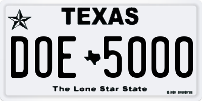 TX license plate DOE5000
