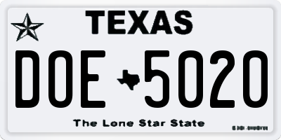 TX license plate DOE5020
