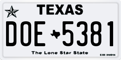 TX license plate DOE5381
