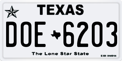 TX license plate DOE6203