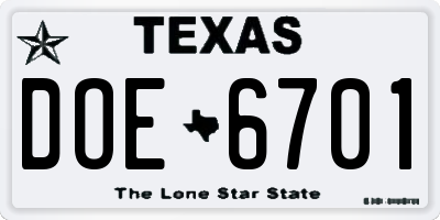 TX license plate DOE6701