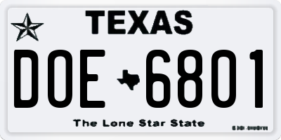 TX license plate DOE6801