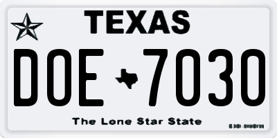 TX license plate DOE7030