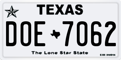 TX license plate DOE7062
