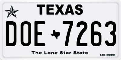TX license plate DOE7263