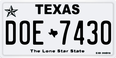 TX license plate DOE7430