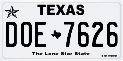 TX license plate DOE7626