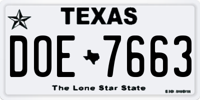 TX license plate DOE7663