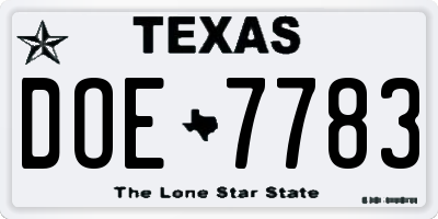 TX license plate DOE7783