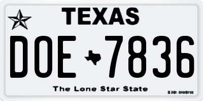 TX license plate DOE7836
