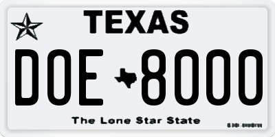 TX license plate DOE8000