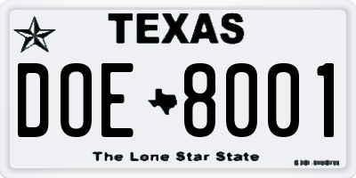 TX license plate DOE8001