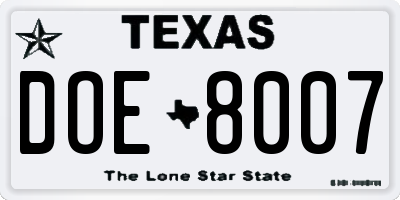 TX license plate DOE8007