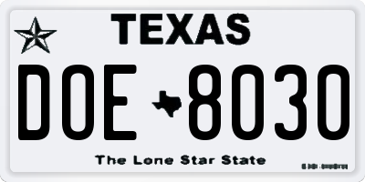 TX license plate DOE8030