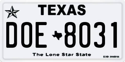 TX license plate DOE8031