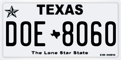 TX license plate DOE8060