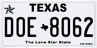 TX license plate DOE8062