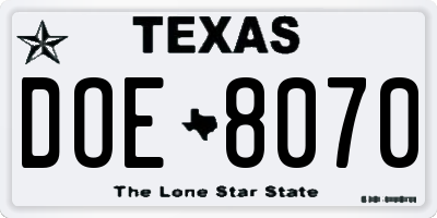 TX license plate DOE8070