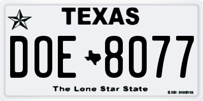 TX license plate DOE8077