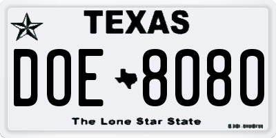 TX license plate DOE8080