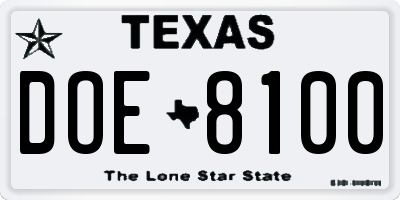 TX license plate DOE8100