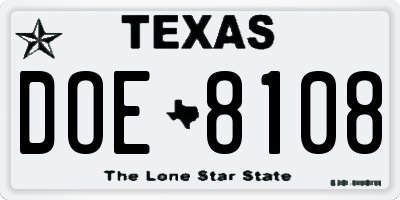 TX license plate DOE8108