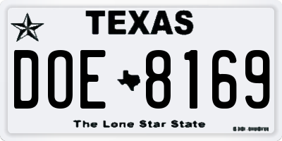 TX license plate DOE8169