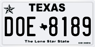TX license plate DOE8189