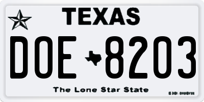 TX license plate DOE8203