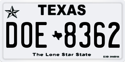 TX license plate DOE8362