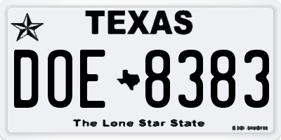 TX license plate DOE8383