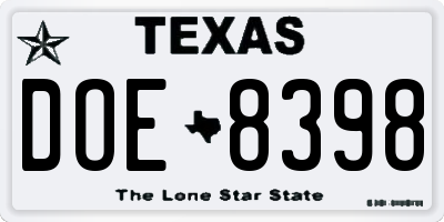 TX license plate DOE8398
