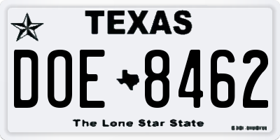 TX license plate DOE8462