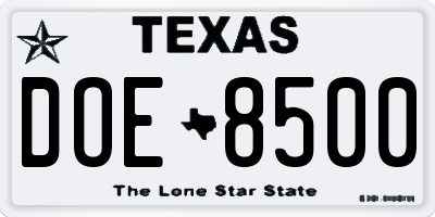 TX license plate DOE8500