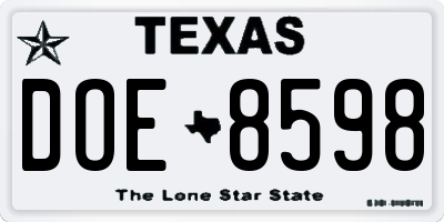 TX license plate DOE8598